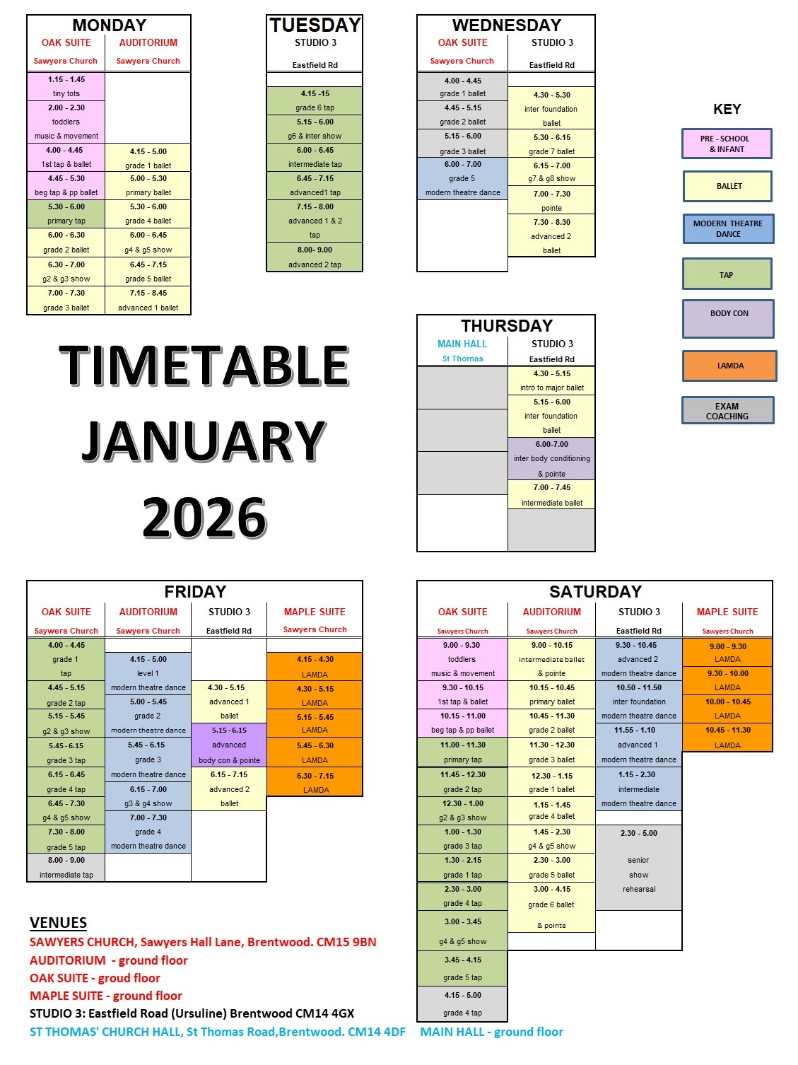 TIMETABLE JANUARY 2026 TIMETABLE JANUARY 2026